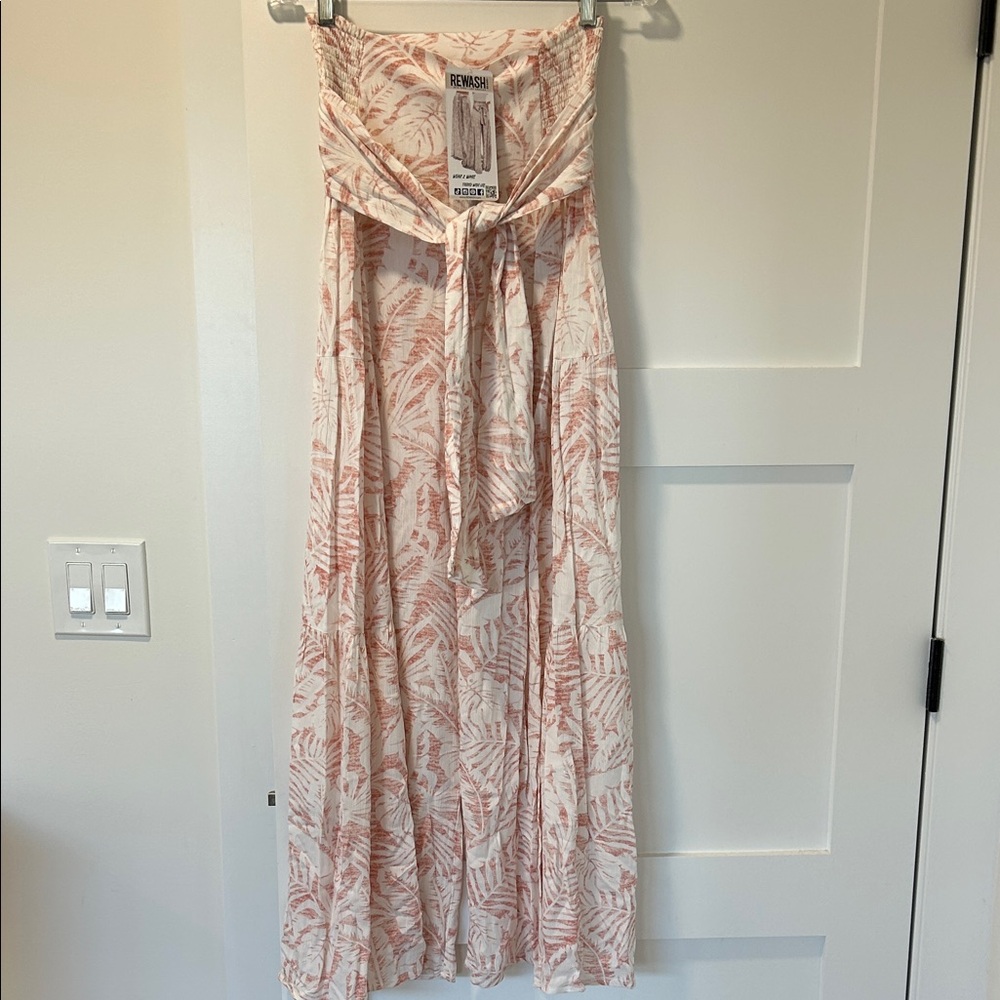 Rewash Coral and White Leaf Print tiered wide leg pant
